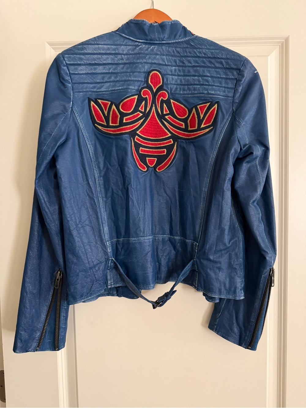 Blue Embroidered Leather Jacket with Red Motif